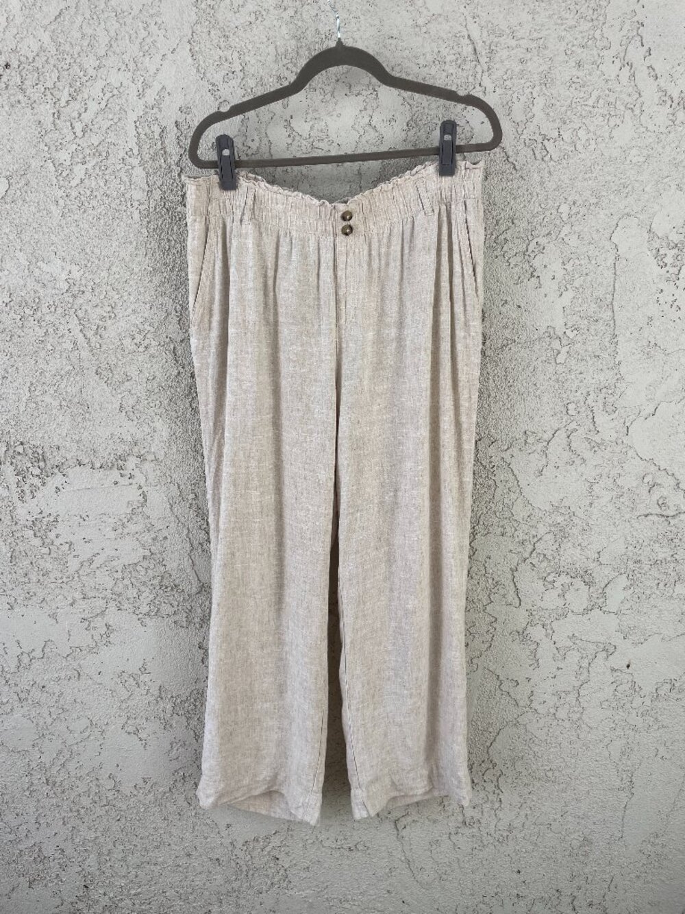 Linen Blend Wide Leg Crop Pants Tan XL Ruffle Waist Casual Coastal Briggs